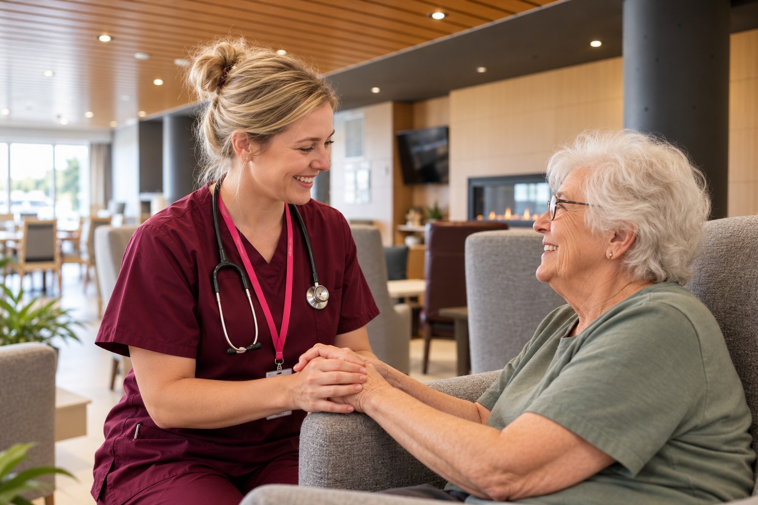 Membre de l'équipe tenant la main d'une résidente, avec le sourire