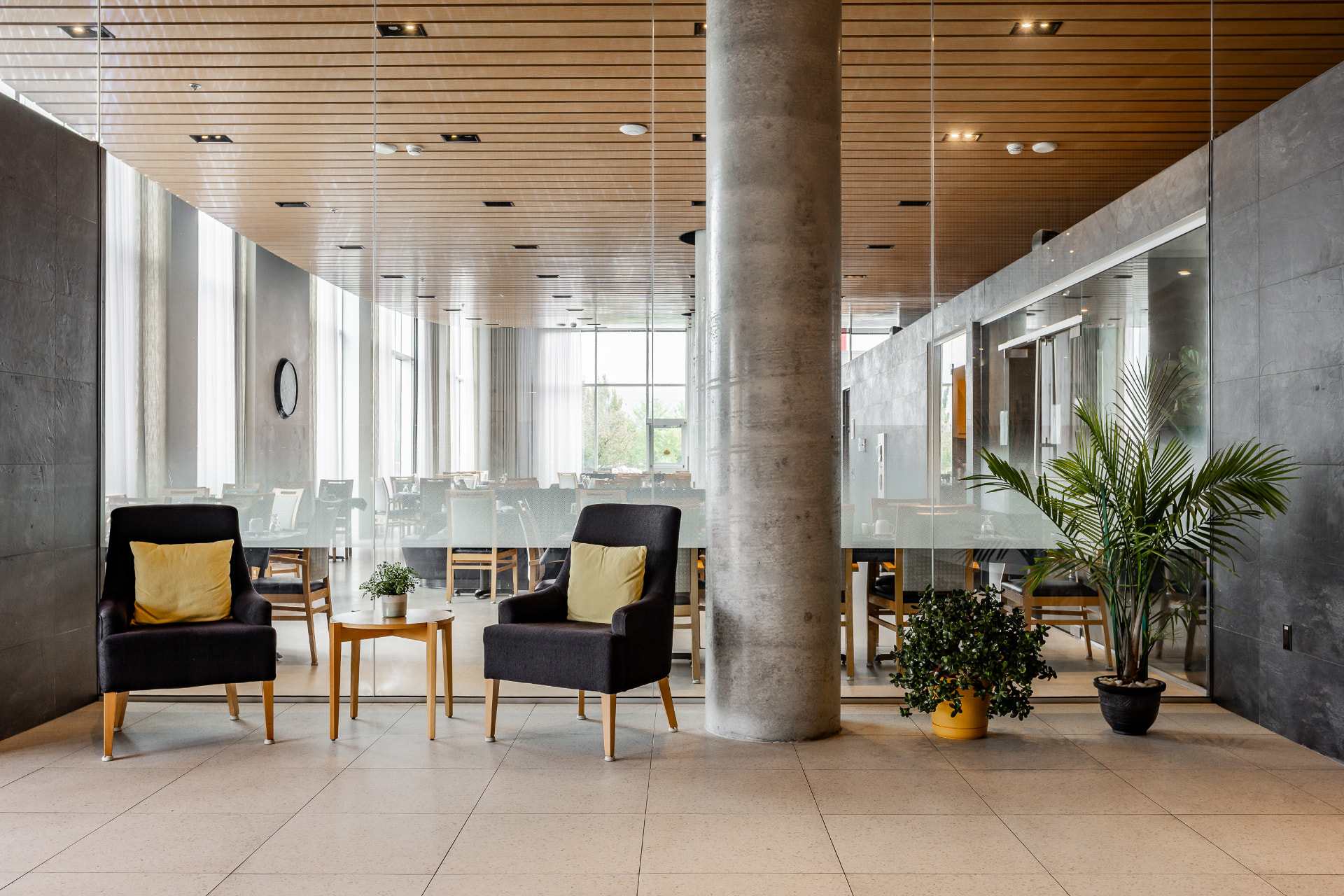 Coin repos près d'une salle vitrée, fauteuils et plantes