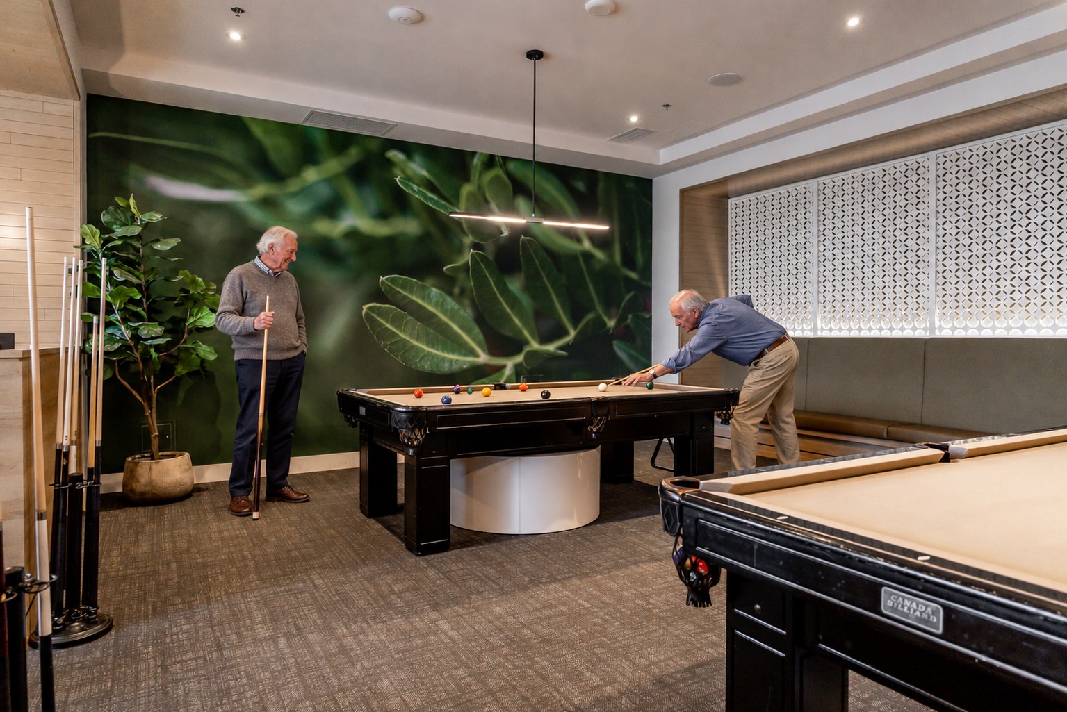 Deux résidents jouant au billard dans le salon d'une résidence Rivia