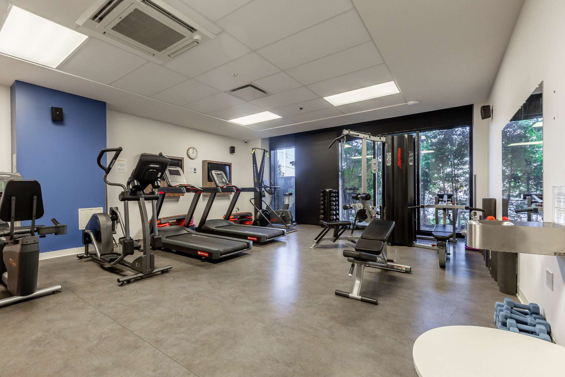 Salle d'entraînement avec tapis roulants, vélos stationnaires et poids libres